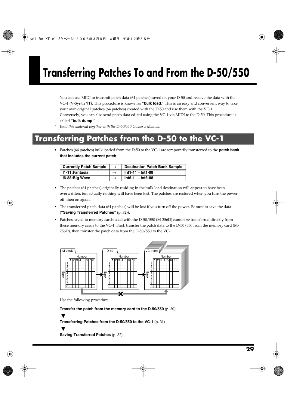 Transferring patches to and from the d-50/550, Transferring patches from the d-50 to the vc-1 | Roland VC-1 D-50 User Manual | Page 29 / 100