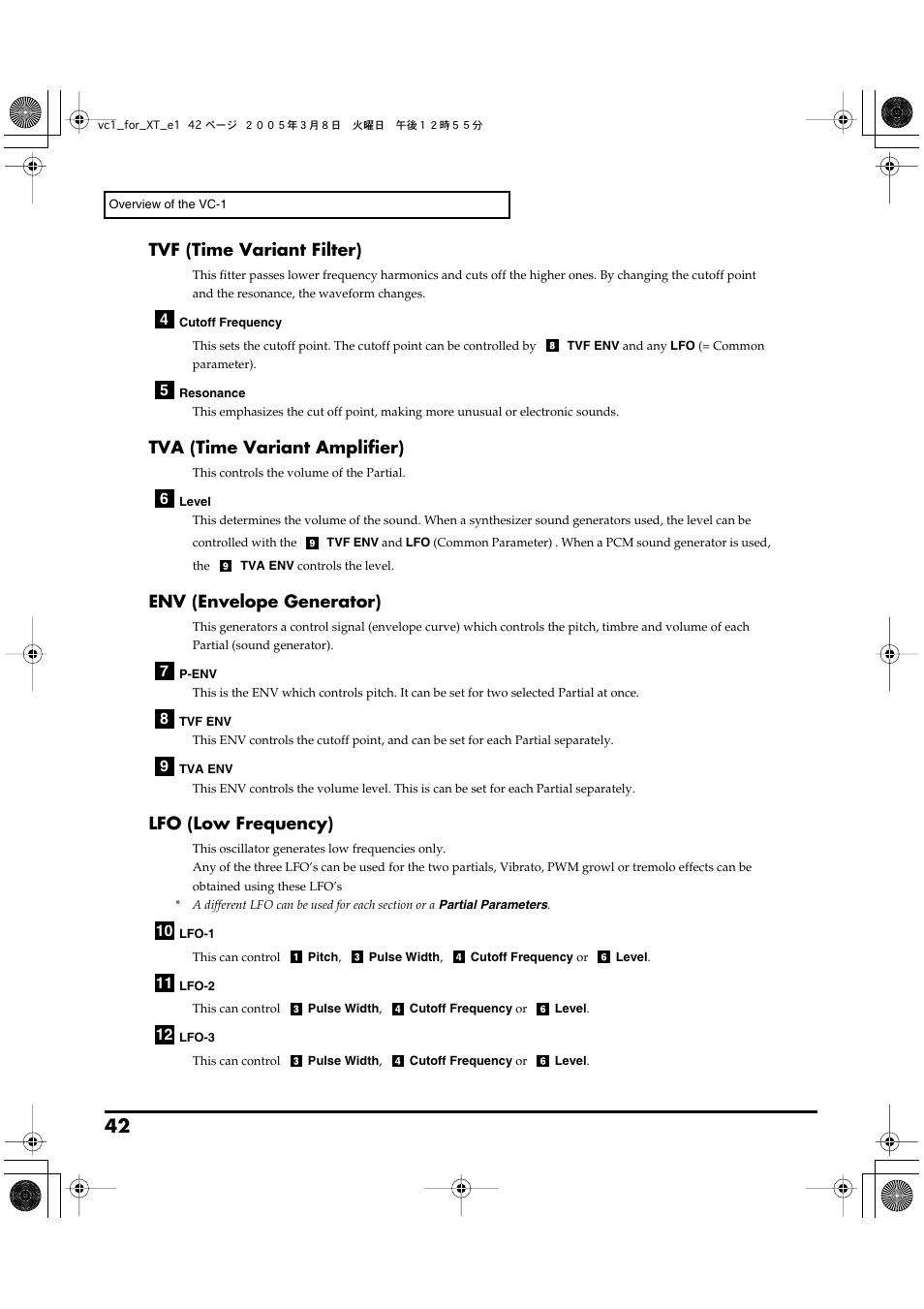 Tvf (time variant filter), Tva (time variant amplifier), Env (envelope generator) | Lfo (low frequency) | Roland VC-1 D-50 User Manual | Page 42 / 100