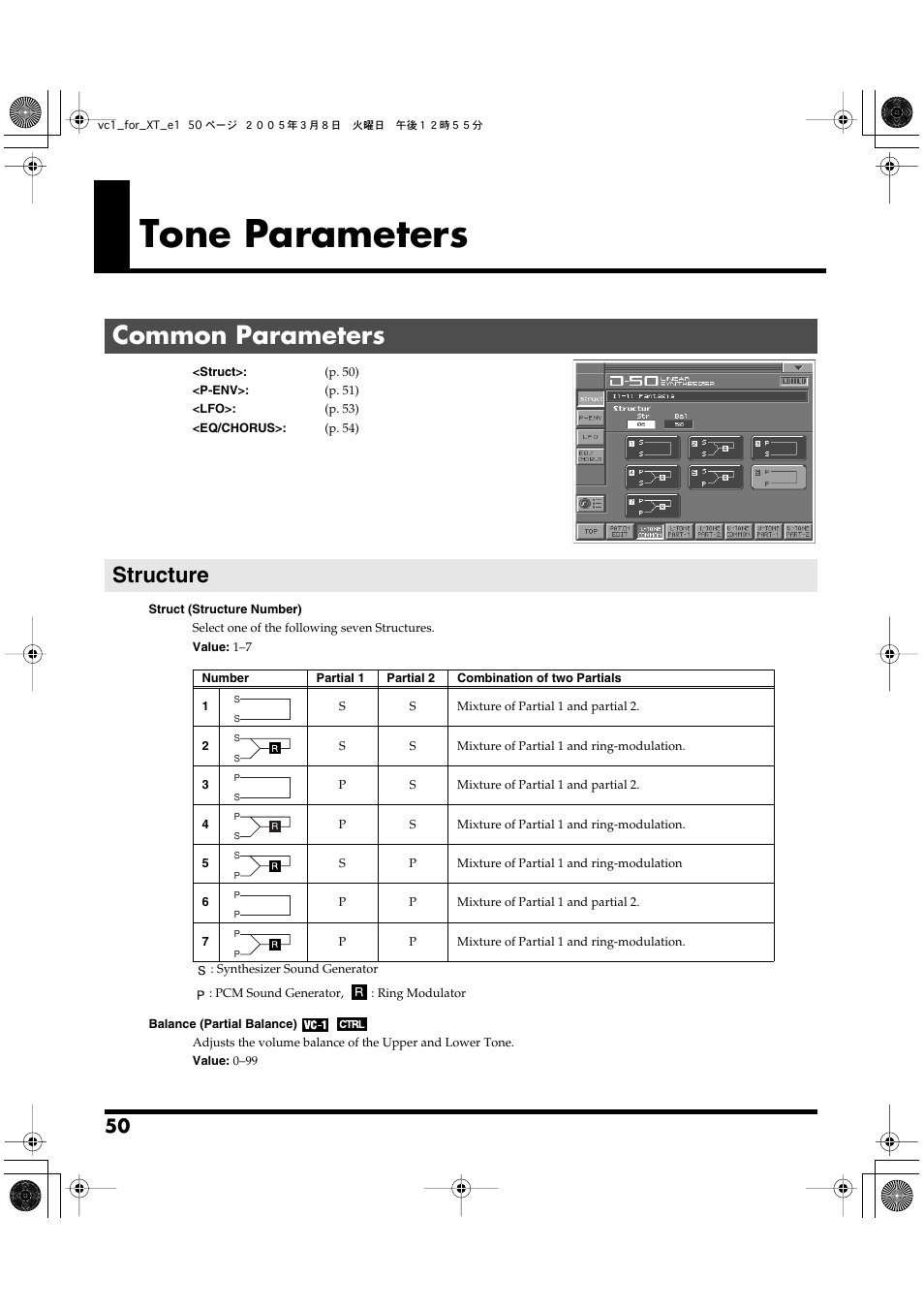 Tone parameters, Common parameters, Structure | Tone common struct (p. 50), Common parameter settings. (p. 50) | Roland VC-1 D-50 User Manual | Page 50 / 100
