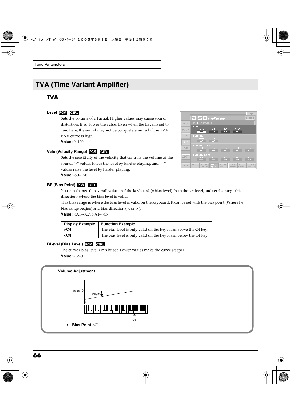 Tva (time variant amplifier), Tone partial tva (p. 66), P. 66) | Roland VC-1 D-50 User Manual | Page 66 / 100