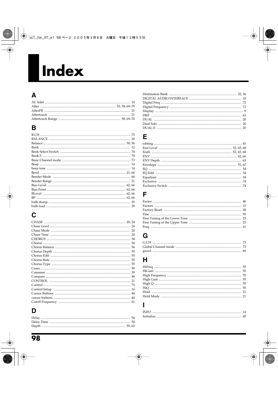 Index | Roland VC-1 D-50 User Manual | Page 98 / 100