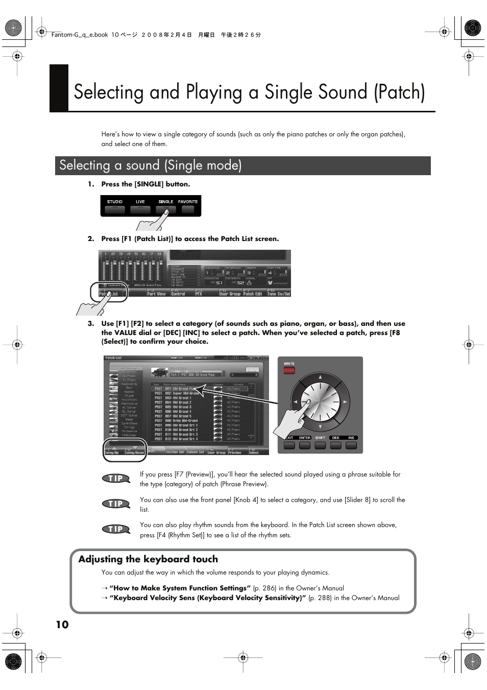 Selecting and playing a single sound (patch), Selecting a sound (single mode) | Roland Fantom G8 User Manual | Page 10 / 48
