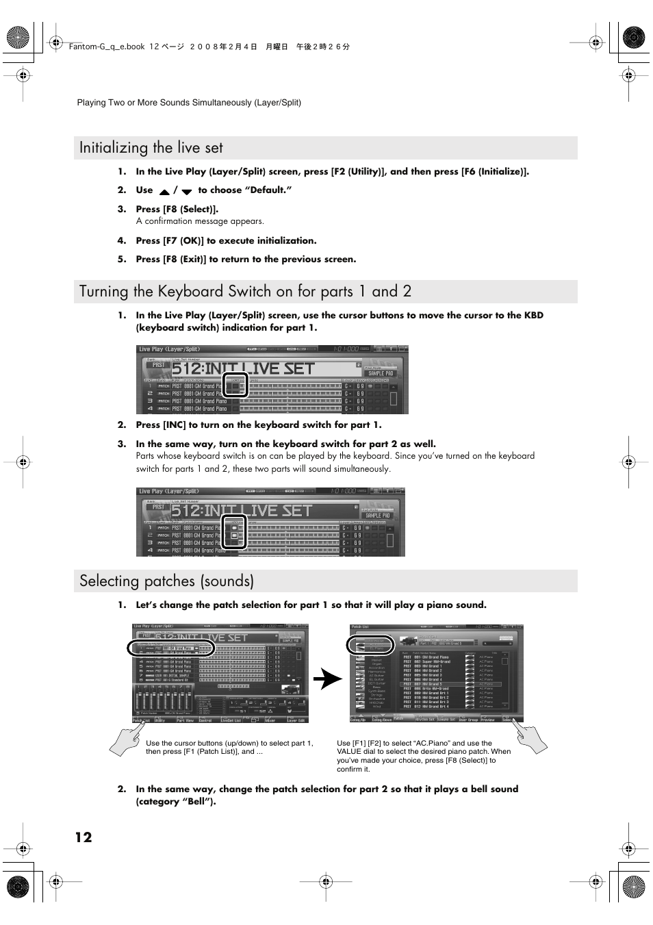 Initializing the live set, Turning the keyboard switch on for parts 1 and 2, Selecting patches (sounds) | Roland Fantom G8 User Manual | Page 12 / 48