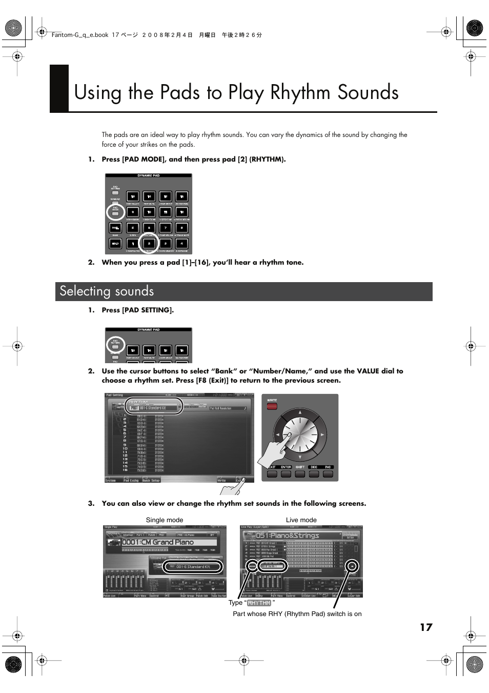 Using the pads to play rhythm sounds, Selecting sounds | Roland Fantom G8 User Manual | Page 17 / 48
