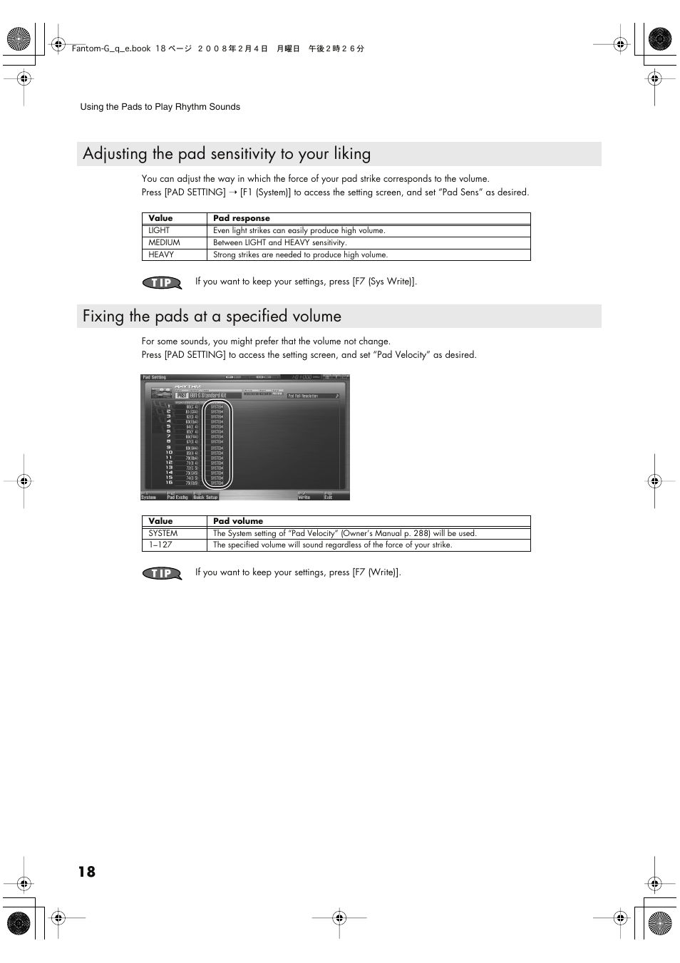 Adjusting the pad sensitivity to your liking, Fixing the pads at a specified volume | Roland Fantom G8 User Manual | Page 18 / 48