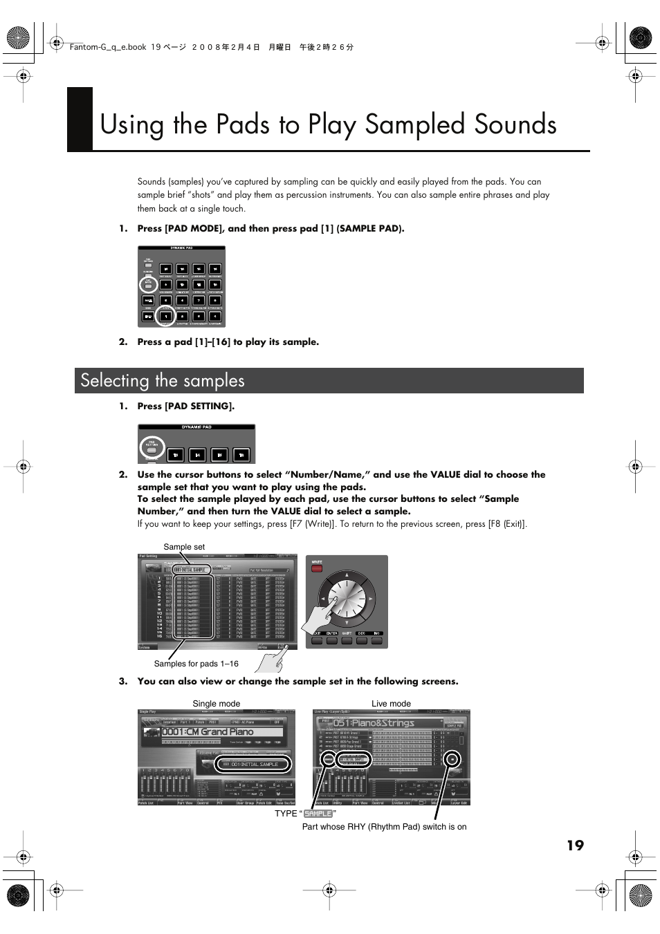 Using the pads to play sampled sounds, Selecting the samples | Roland Fantom G8 User Manual | Page 19 / 48