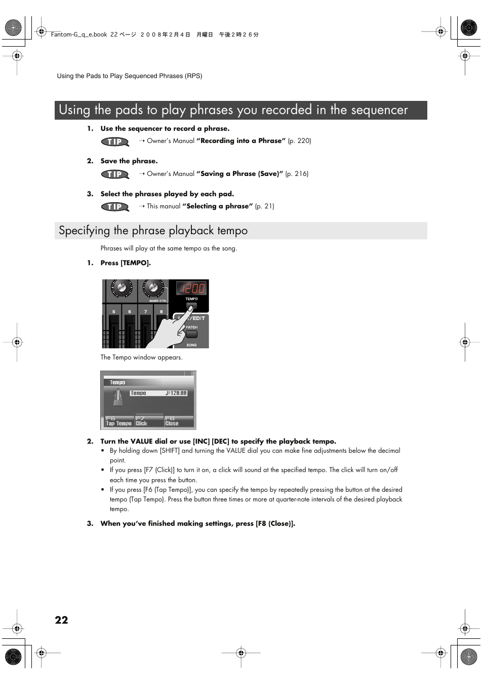 Specifying the phrase playback tempo | Roland Fantom G8 User Manual | Page 22 / 48