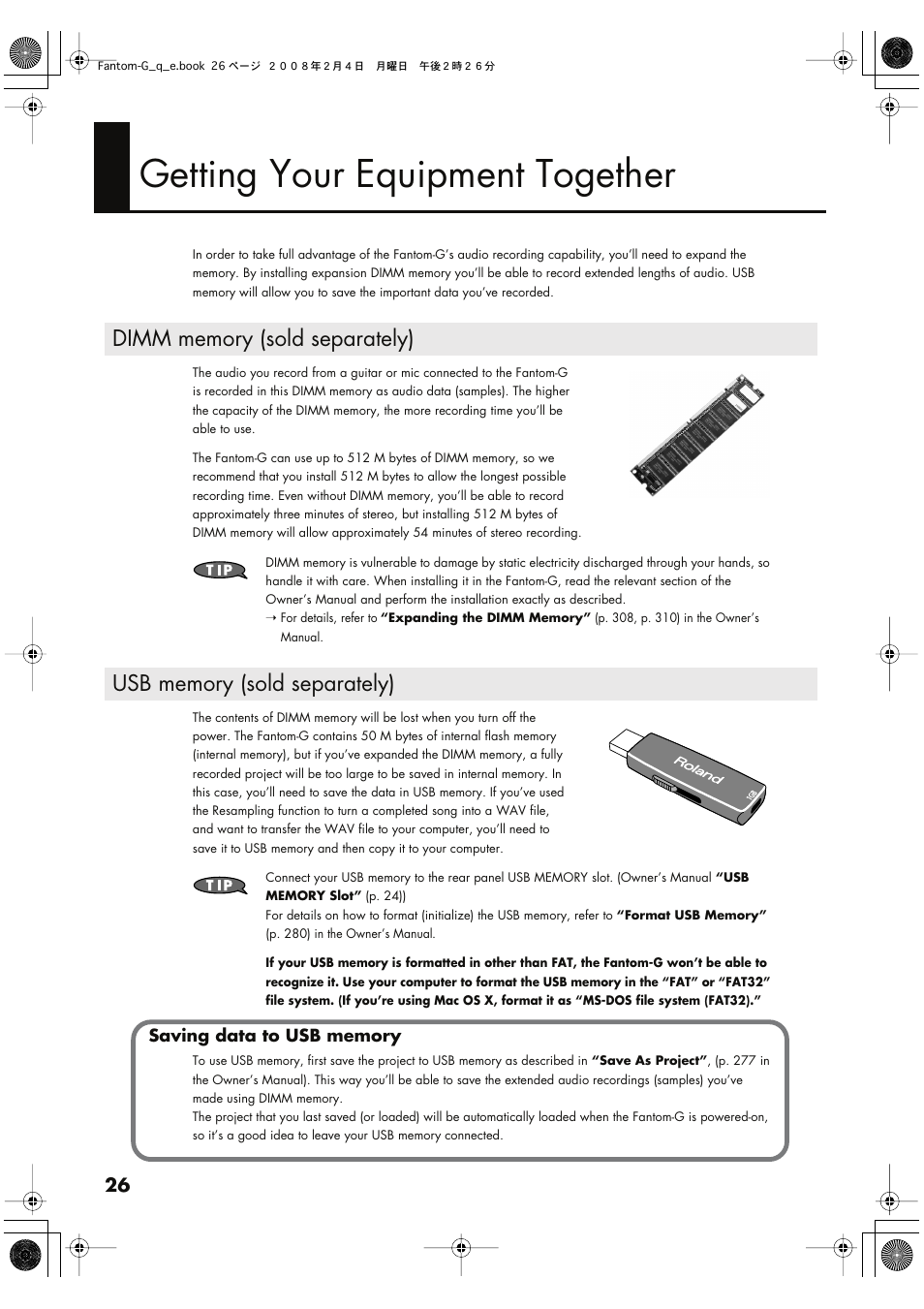 Getting your equipment together, Dimm memory (sold separately), Usb memory (sold separately) | Roland Fantom G8 User Manual | Page 26 / 48