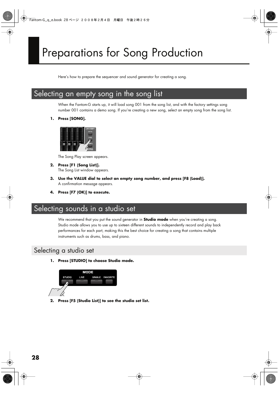 Preparations for song production, Selecting an empty song in the song list, Selecting sounds in a studio set | Selecting a studio set, In the song list, select an empty song (p. 28) | Roland Fantom G8 User Manual | Page 28 / 48