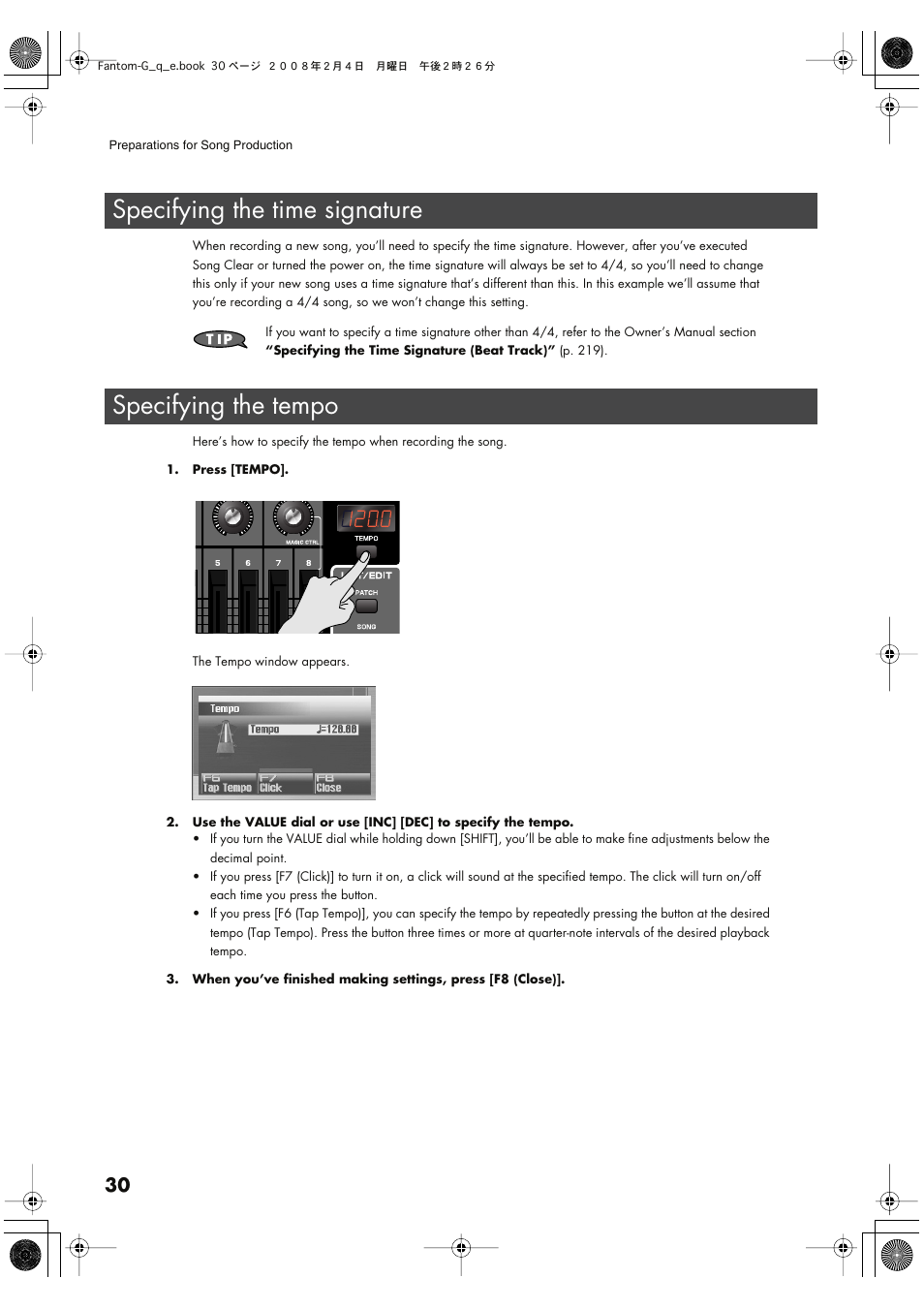 Specifying the time signature, Specifying the tempo, Specify the time signature of the song (p. 30) | Specify the tempo of the song (p. 30), Specifying the time signature specifying the tempo | Roland Fantom G8 User Manual | Page 30 / 48