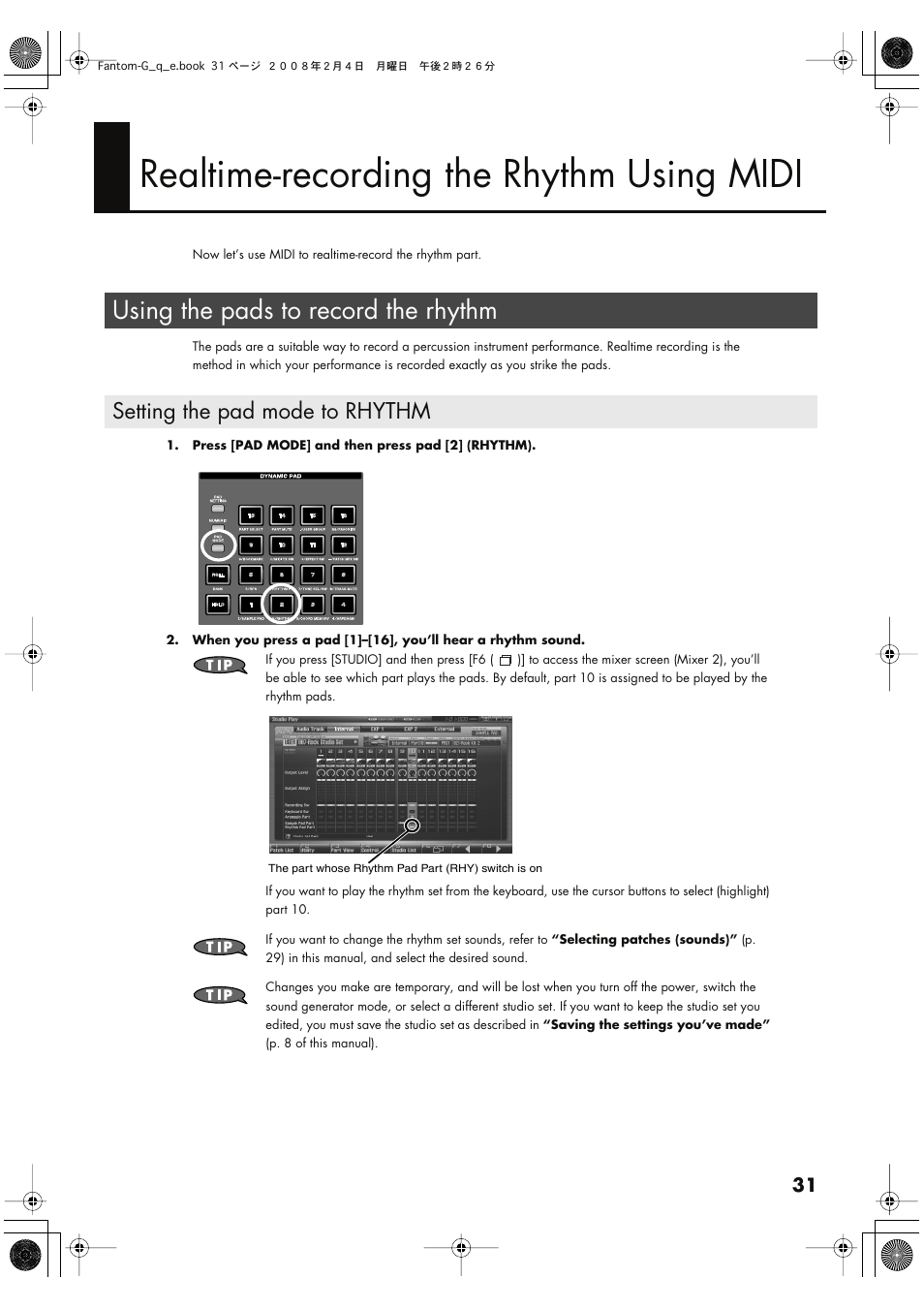 Realtime-recording the rhythm using midi, Using the pads to record the rhythm, Setting the pad mode to rhythm | Roland Fantom G8 User Manual | Page 31 / 48