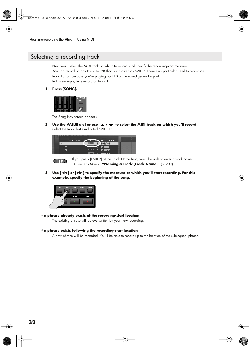 Selecting a recording track | Roland Fantom G8 User Manual | Page 32 / 48