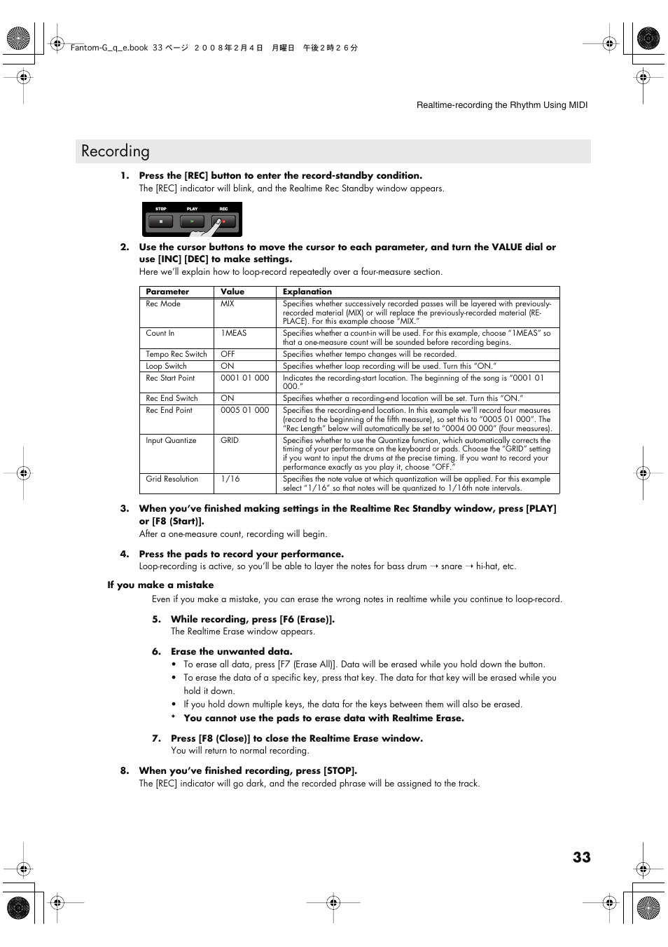 Recording | Roland Fantom G8 User Manual | Page 33 / 48