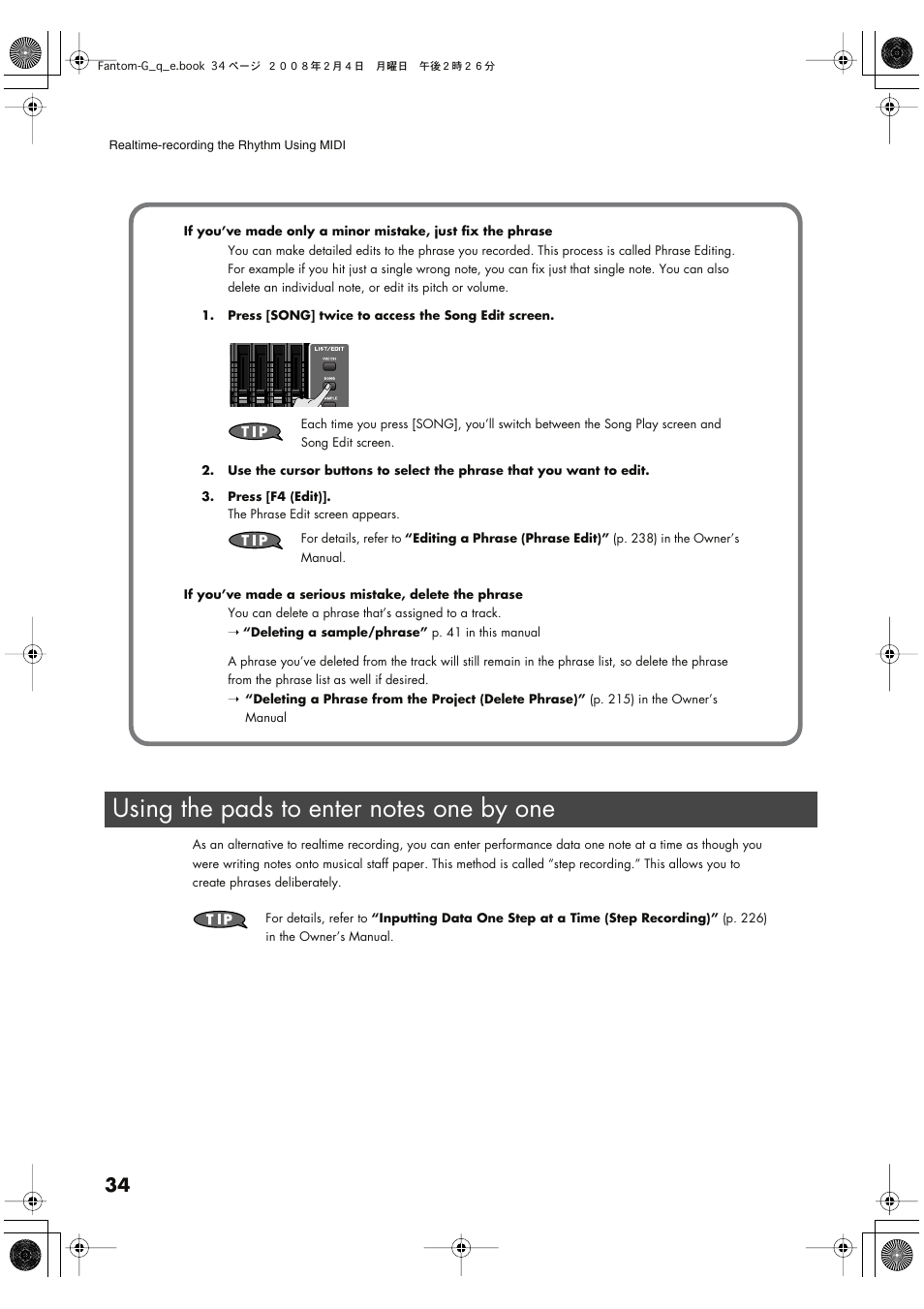 Using the pads to enter notes one by one | Roland Fantom G8 User Manual | Page 34 / 48