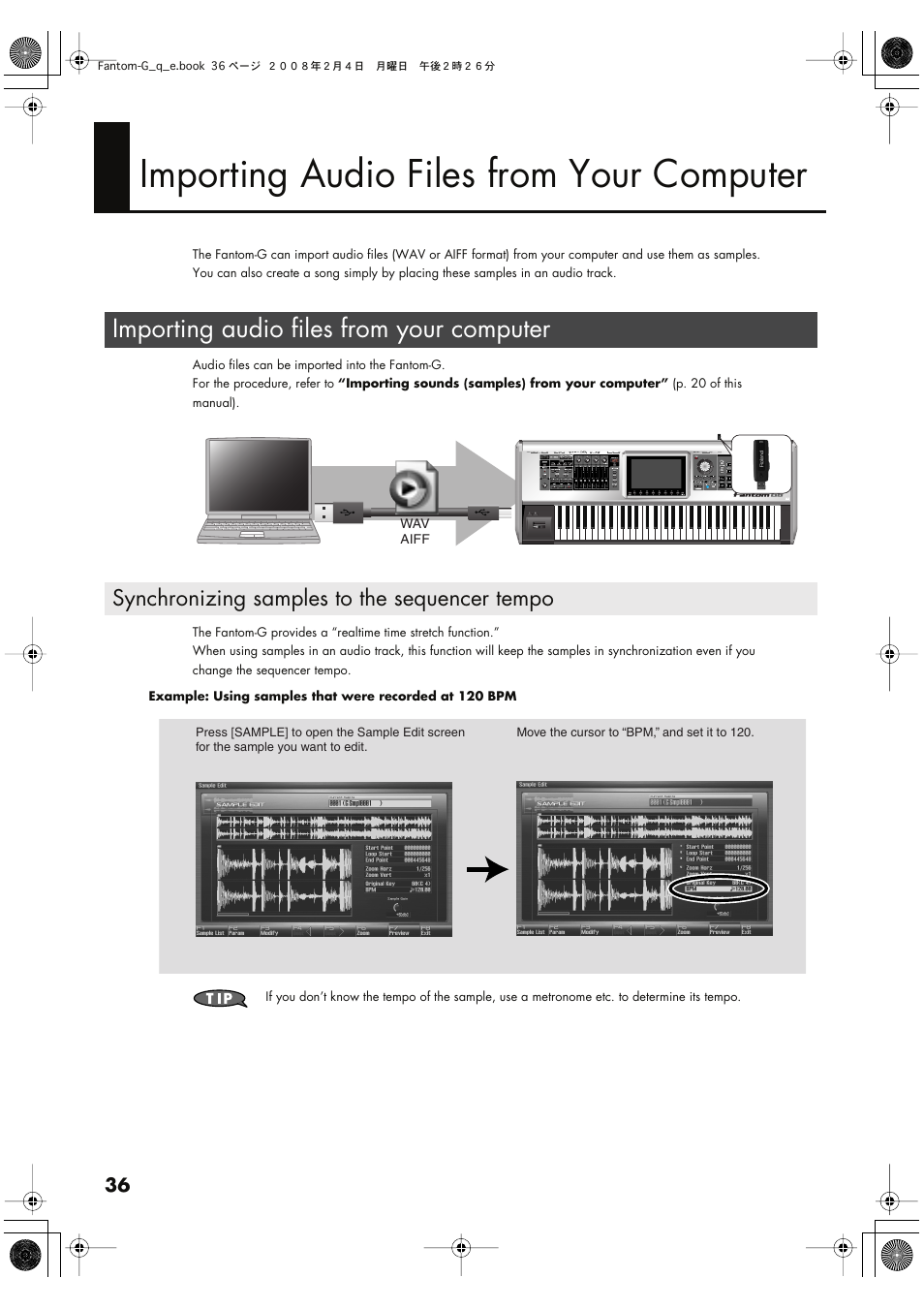 Importing audio files from your computer, Synchronizing samples to the sequencer tempo, Computer (p. 36) | Roland Fantom G8 User Manual | Page 36 / 48