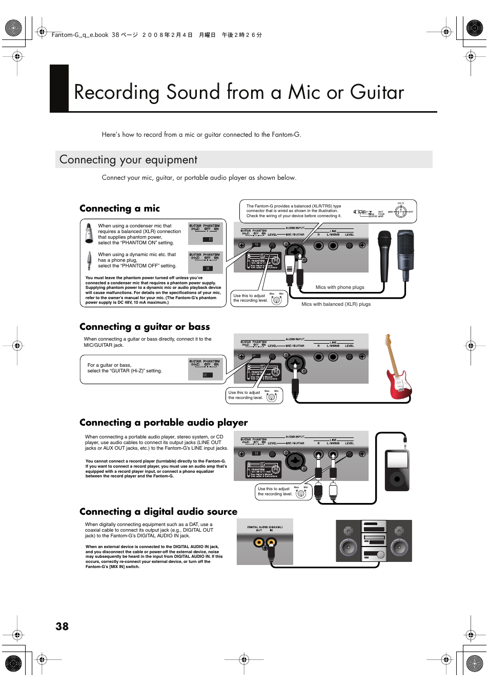 Recording sound from a mic or guitar, Connecting your equipment, Connected to the fantom-g (p. 38) | Connecting a digital audio source | Roland Fantom G8 User Manual | Page 38 / 48