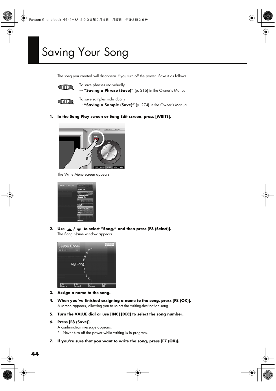 Saving your song, Save your song (p. 44) | Roland Fantom G8 User Manual | Page 44 / 48