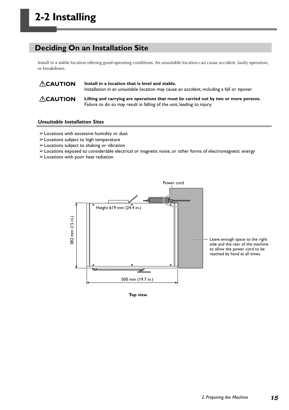 2 installing, Deciding on an installation site | Roland PICZA LPX-60 User Manual | Page 17 / 68