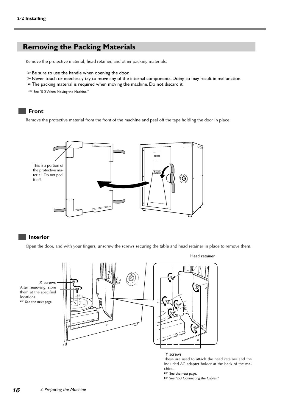 Removing the packing materials, Front, Interior | Roland PICZA LPX-60 User Manual | Page 18 / 68