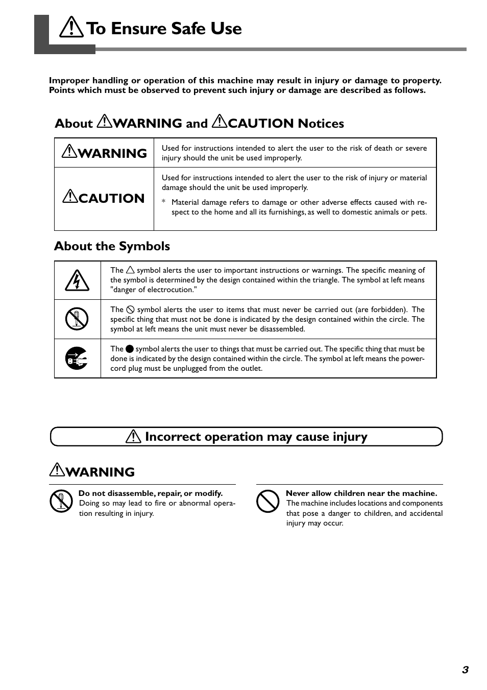 About warning and caution notices, Warning caution about the symbols, Incorrect operation may cause injury warning | Roland PICZA LPX-60 User Manual | Page 5 / 68