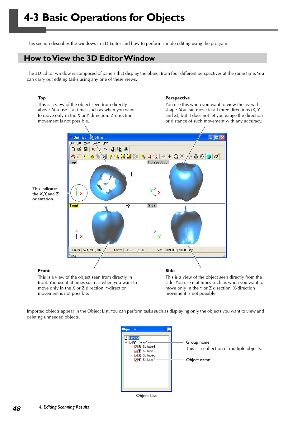 3 basic operations for objects, How to view the 3d editor window | Roland PICZA LPX-60 User Manual | Page 50 / 68