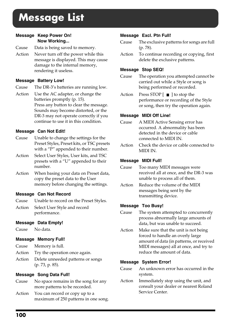 Message list | Roland DR-3 User Manual | Page 100 / 128
