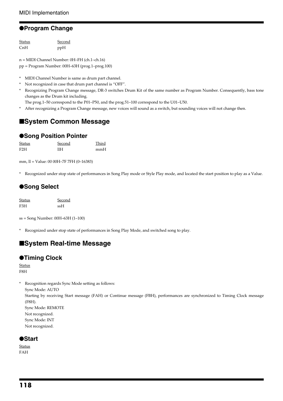 System common message, System real-time message, Program change | Song position pointer, Song select, Timing clock, Start, Midi implementation | Roland DR-3 User Manual | Page 118 / 128