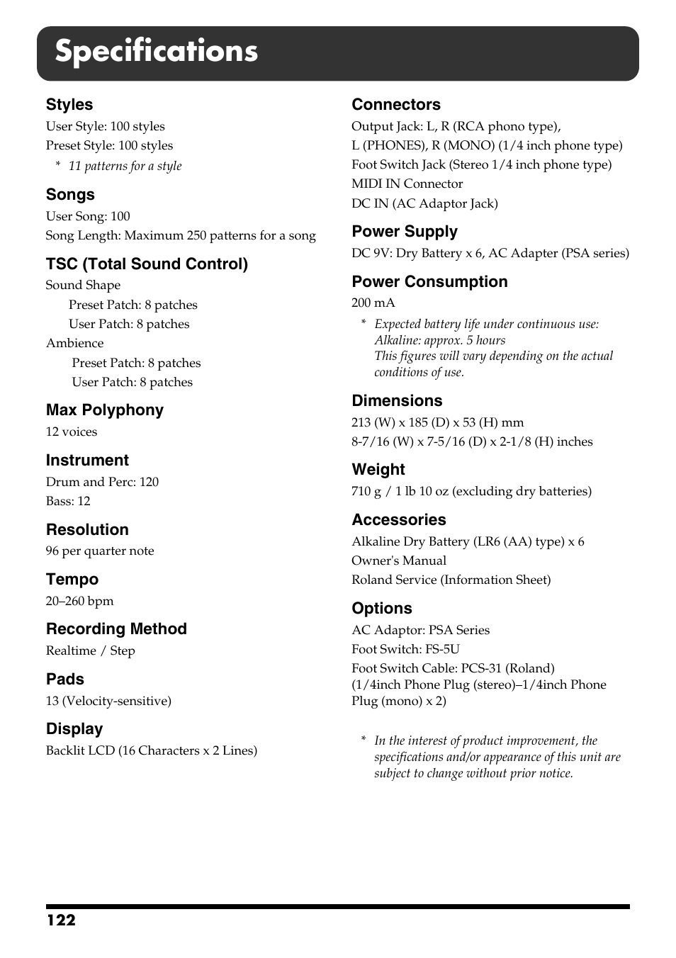 Specifications | Roland DR-3 User Manual | Page 122 / 128