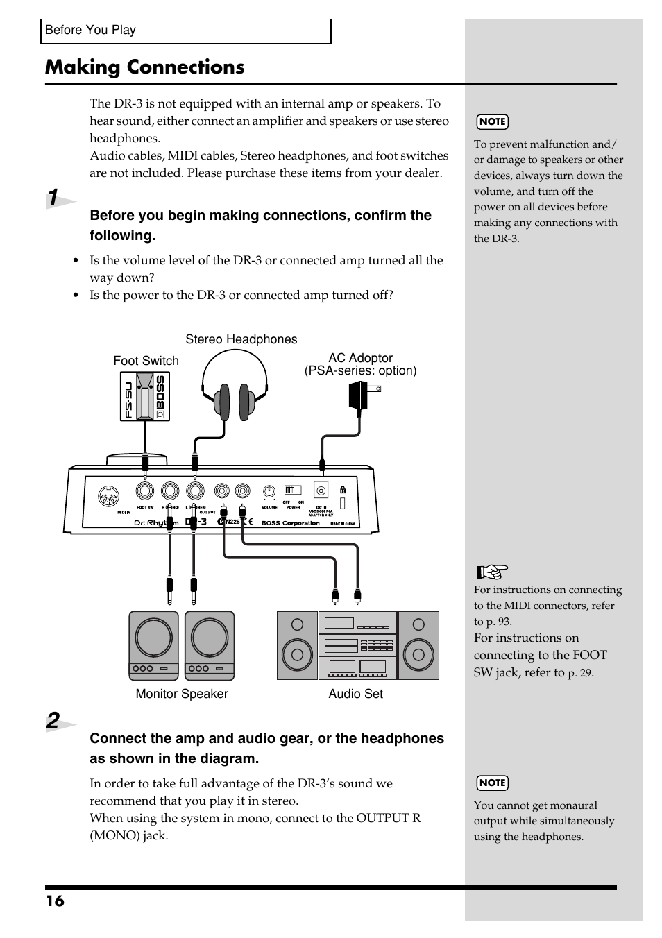 Making connections | Roland DR-3 User Manual | Page 16 / 128