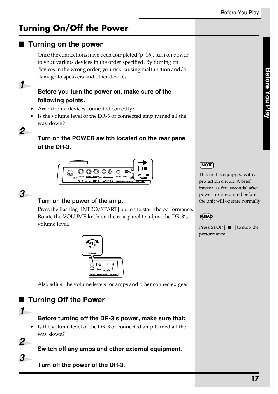 Turning on/off the power, Turning on the power, Turning off the power | Roland DR-3 User Manual | Page 17 / 128