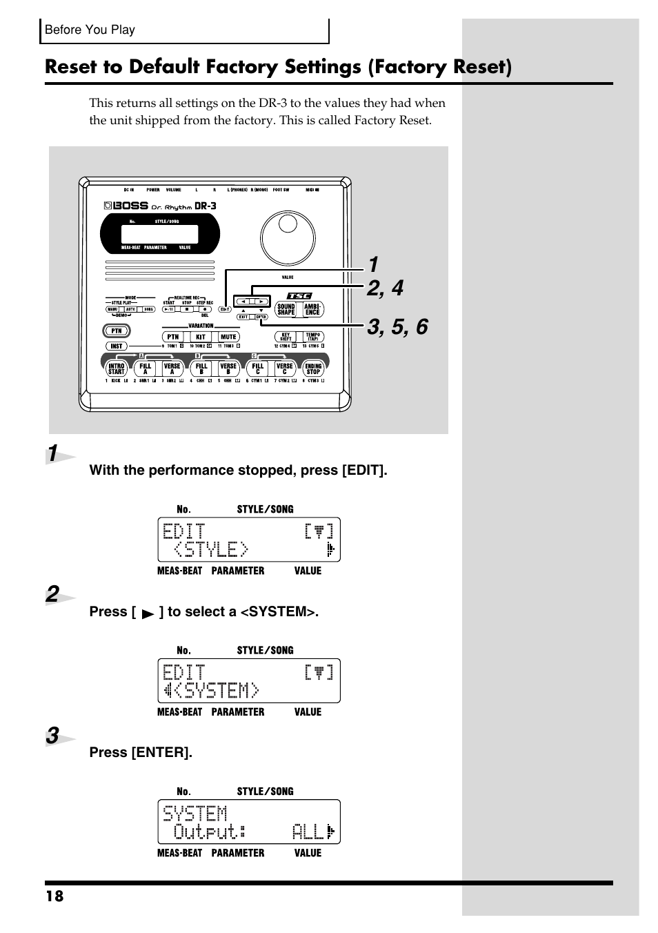 Reset to default factory settings (factory reset) | Roland DR-3 User Manual | Page 18 / 128