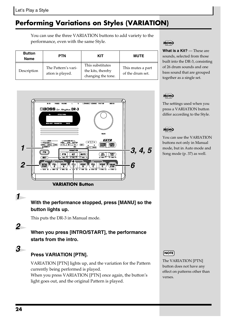 Performing variations on styles (variation) | Roland DR-3 User Manual | Page 24 / 128