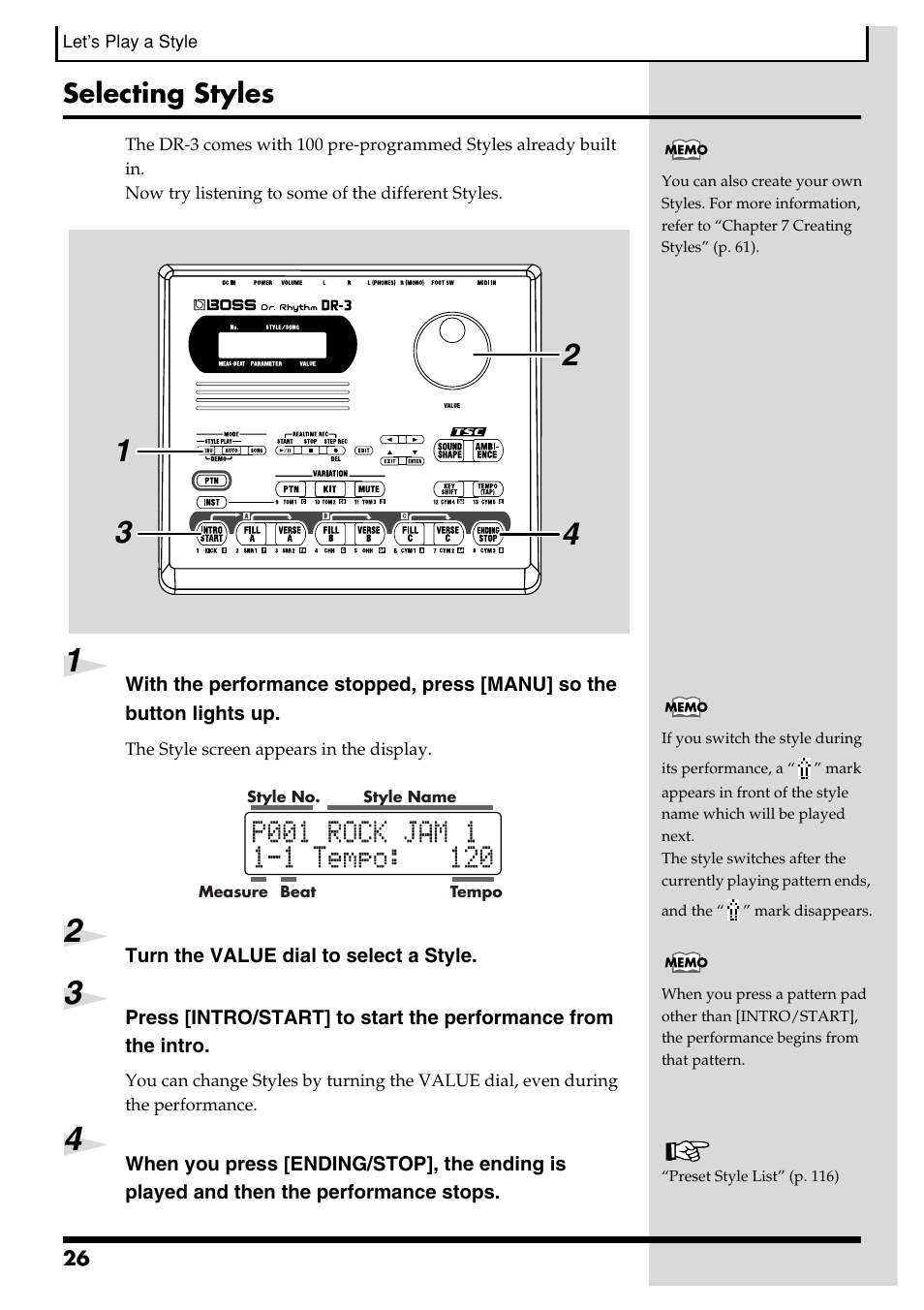 Selecting styles | Roland DR-3 User Manual | Page 26 / 128