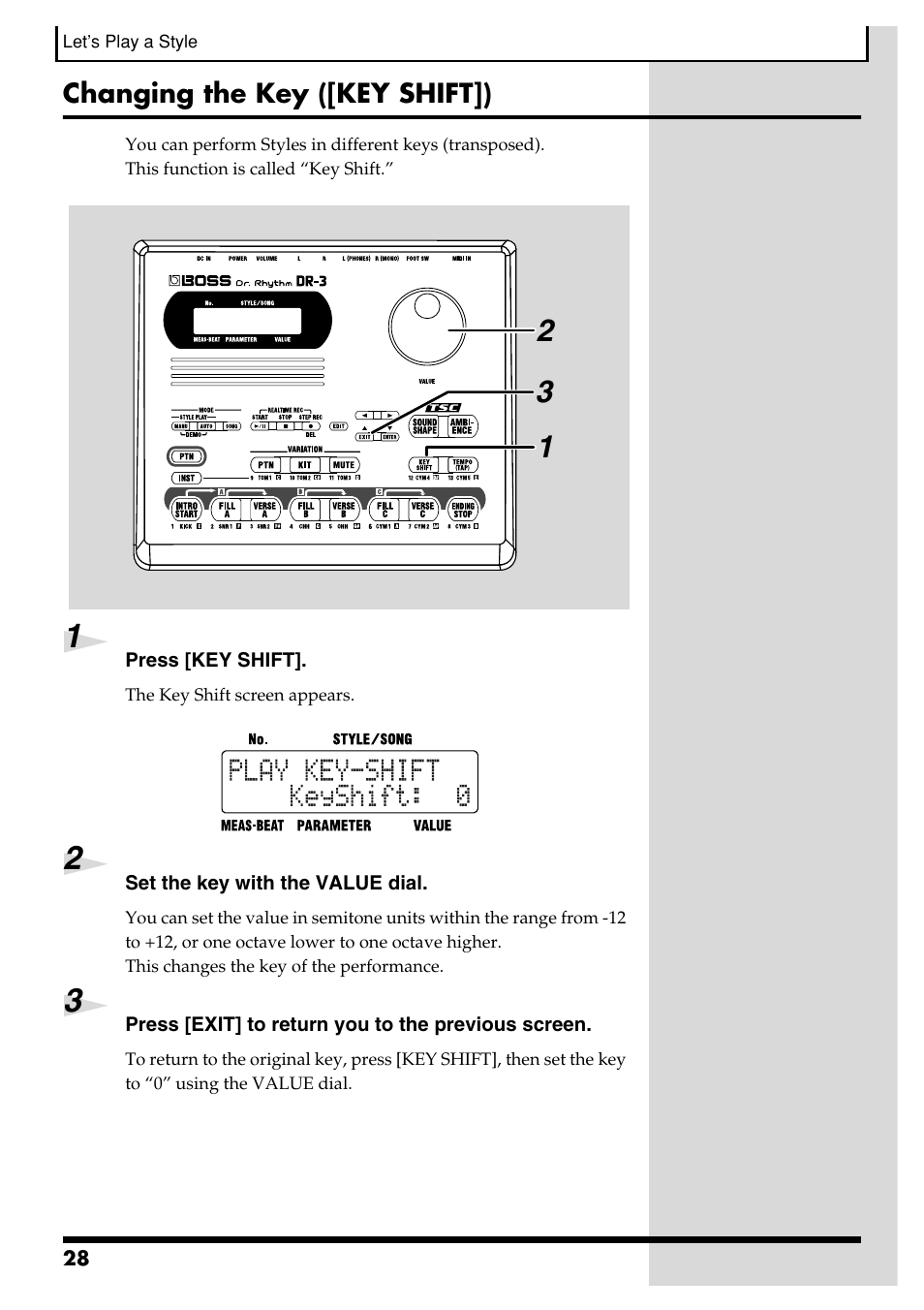 Changing the key ([key shift]) | Roland DR-3 User Manual | Page 28 / 128