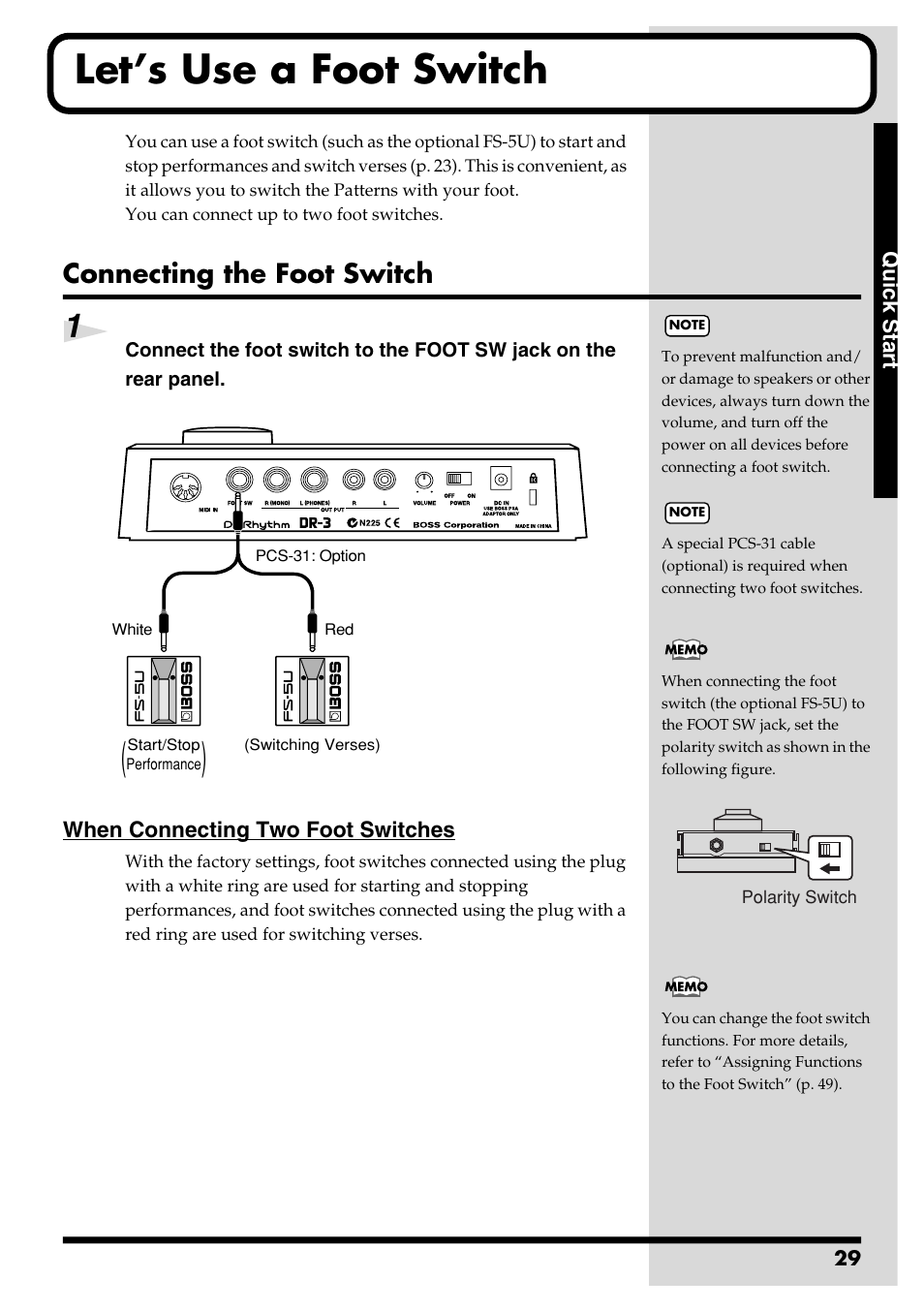 Let’s use a foot switch, Connecting the foot switch | Roland DR-3 User Manual | Page 29 / 128