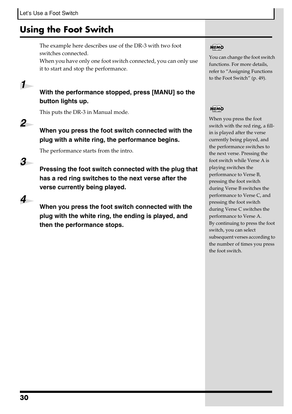 Using the foot switch | Roland DR-3 User Manual | Page 30 / 128