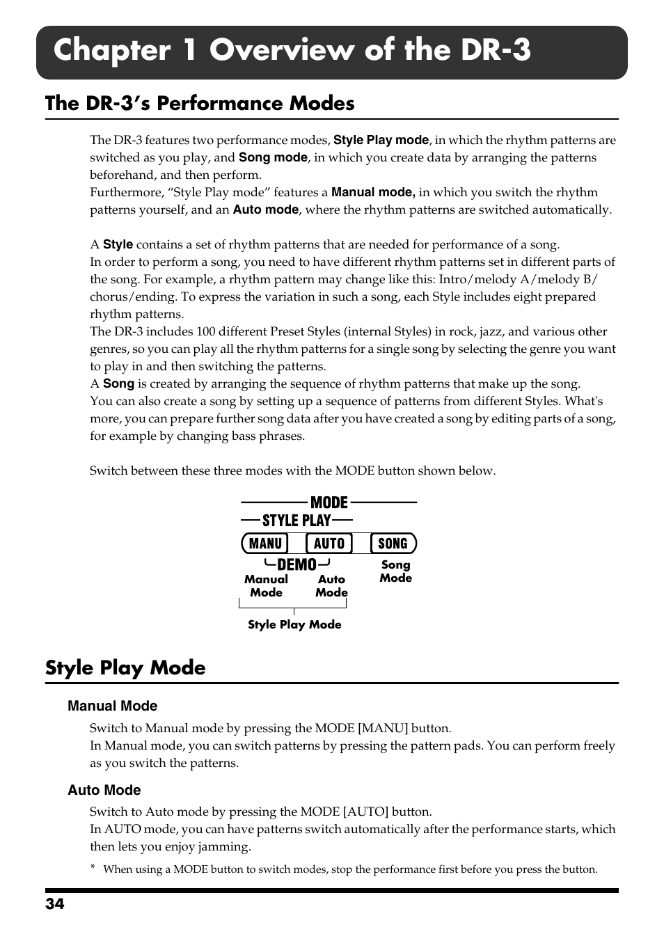 Chapter 1 overview of the dr-3, The dr-3’s performance modes, Style play mode | The dr-3’s performance modes style play mode | Roland DR-3 User Manual | Page 34 / 128