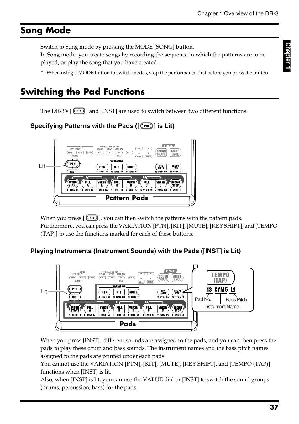 Song mode, Switching the pad functions, Song mode switching the pad functions | Ch ap ter 1 | Roland DR-3 User Manual | Page 37 / 128