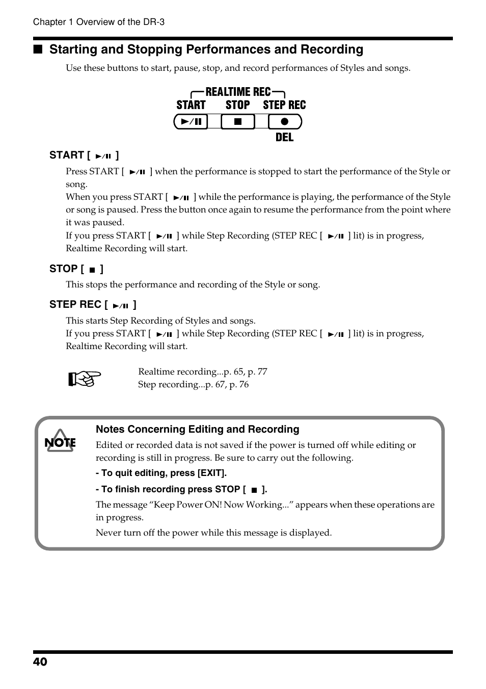 Starting and stopping performances and recording | Roland DR-3 User Manual | Page 40 / 128
