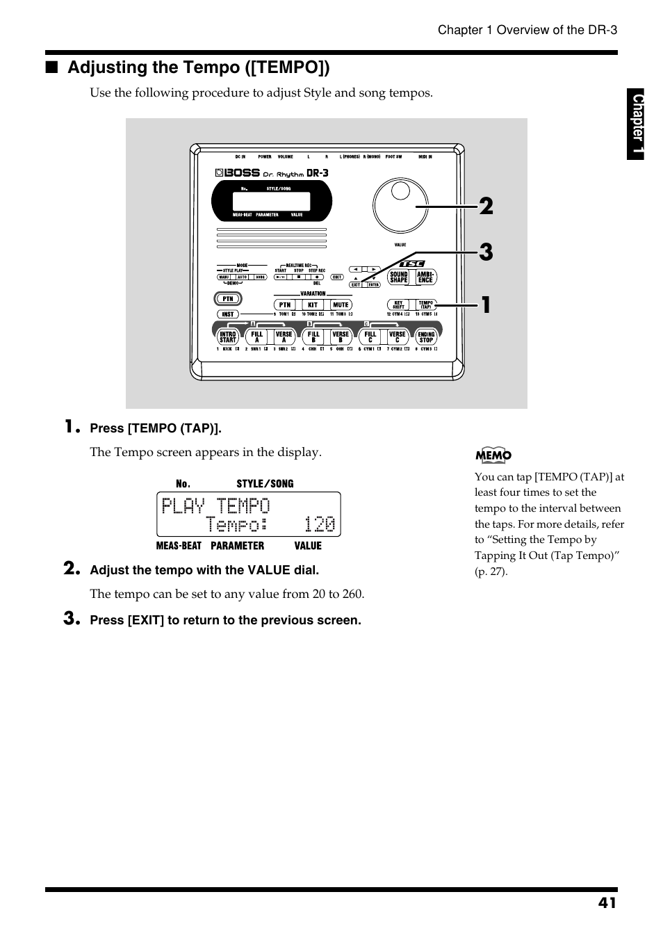 Adjusting the tempo ([tempo]) | Roland DR-3 User Manual | Page 41 / 128