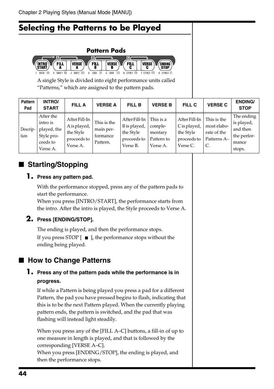 Selecting the patterns to be played, Starting/stopping, How to change patterns | Starting/stopping how to change patterns, Starting/stopping 1, How to change patterns 1 | Roland DR-3 User Manual | Page 44 / 128