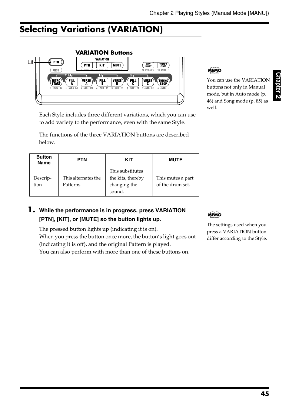 Selecting variations (variation), Ch ap ter 2 | Roland DR-3 User Manual | Page 45 / 128