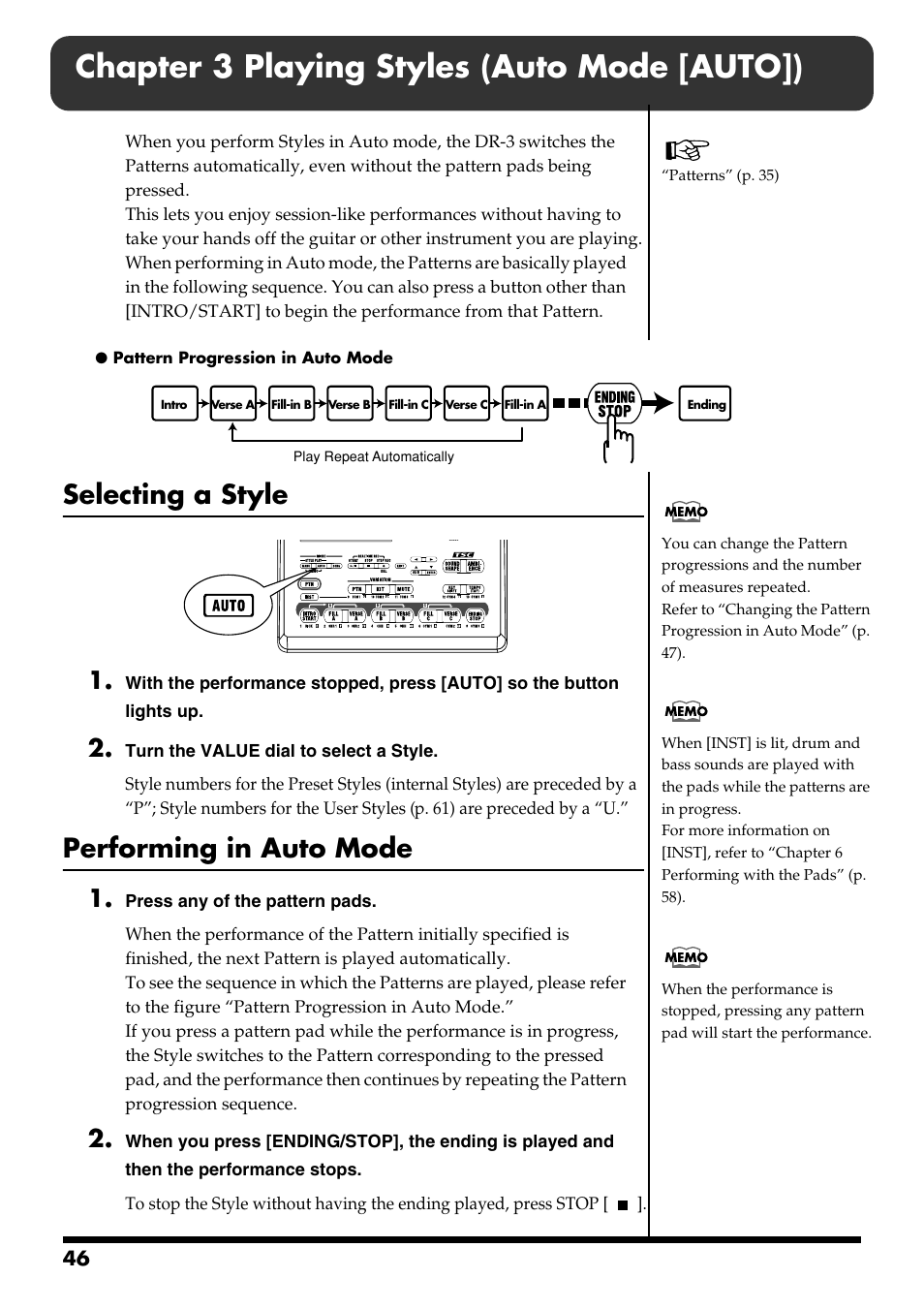 Chapter 3 playing styles (auto mode [auto]), Selecting a style, Performing in auto mode | Selecting a style performing in auto mode | Roland DR-3 User Manual | Page 46 / 128