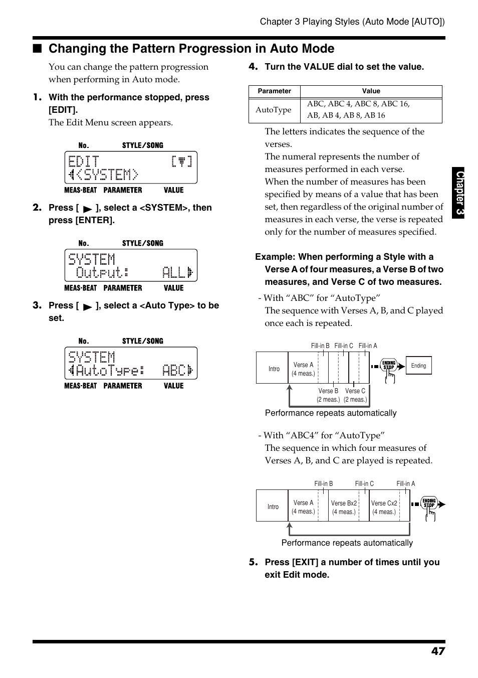 Changing the pattern progression in auto mode, Ch ap ter 3 | Roland DR-3 User Manual | Page 47 / 128