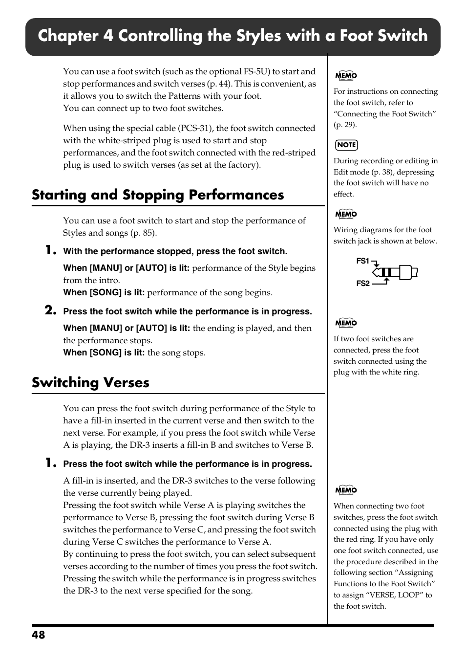 Starting and stopping performances, Switching verses | Roland DR-3 User Manual | Page 48 / 128