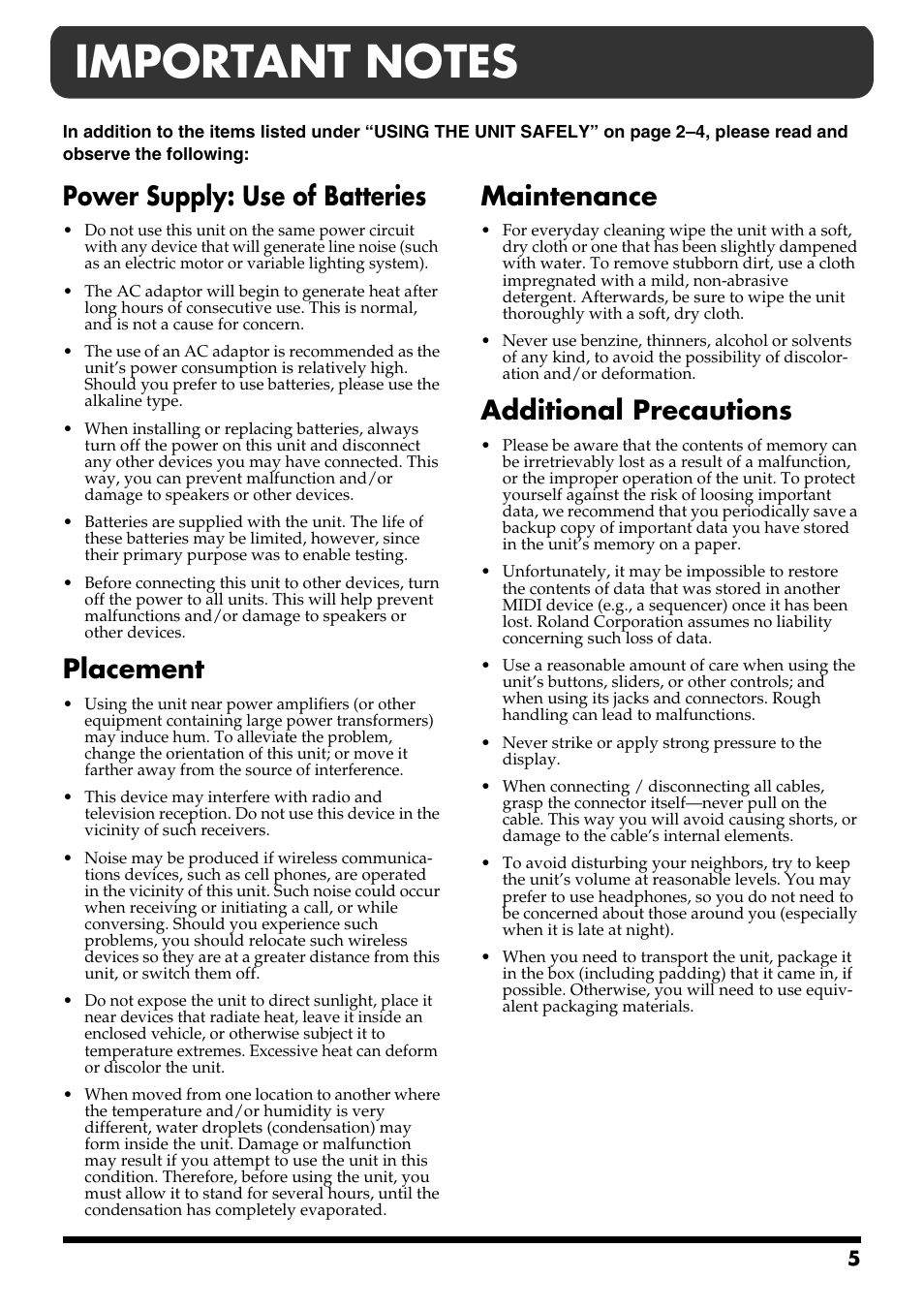 Important notes, Power supply: use of batteries, Placement | Maintenance, Additional precautions | Roland DR-3 User Manual | Page 5 / 128