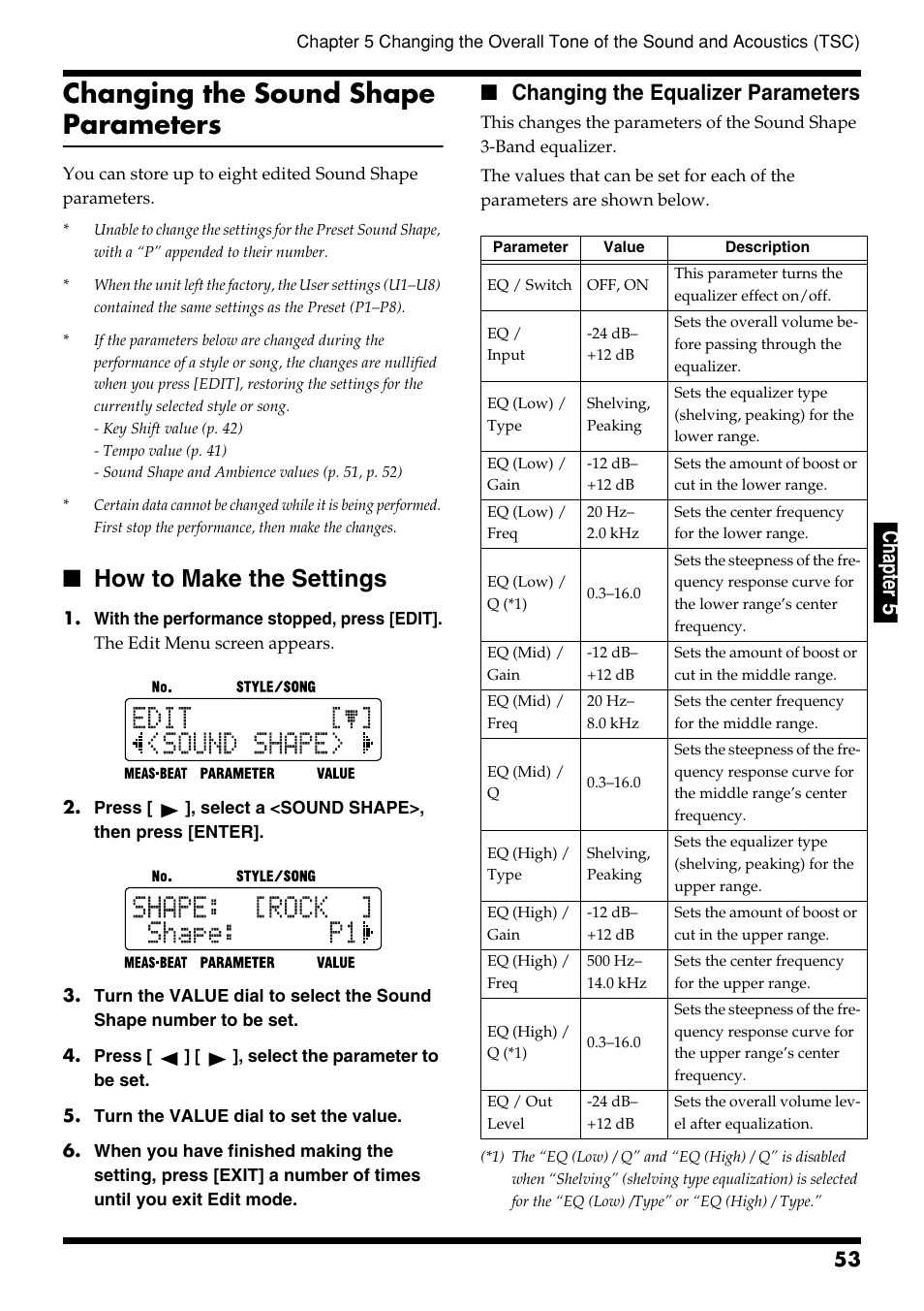 Changing the sound shape parameters, How to make the settings, Changing the equalizer parameters | Ch ap ter 5 | Roland DR-3 User Manual | Page 53 / 128