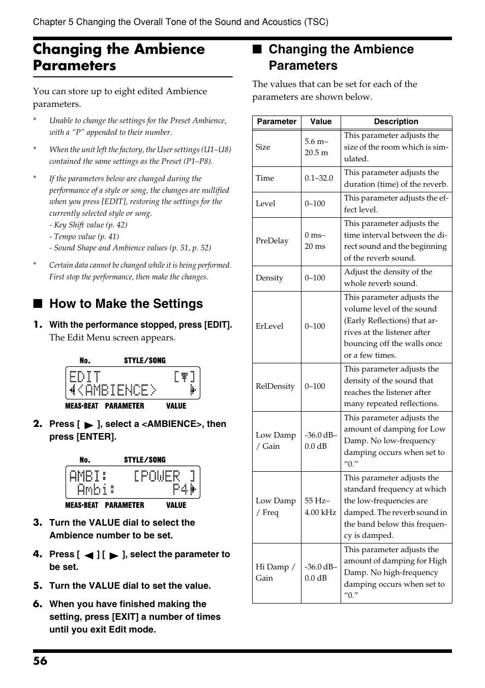 Changing the ambience parameters, How to make the settings | Roland DR-3 User Manual | Page 56 / 128