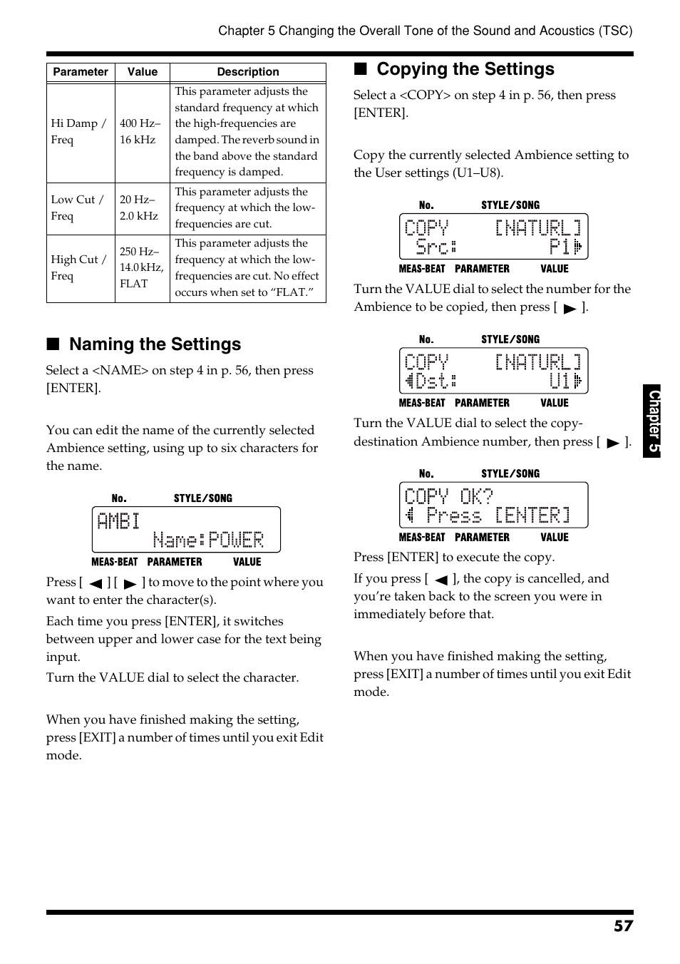 Naming the settings, Copying the settings, Naming the settings copying the settings | Ch ap ter 5 | Roland DR-3 User Manual | Page 57 / 128