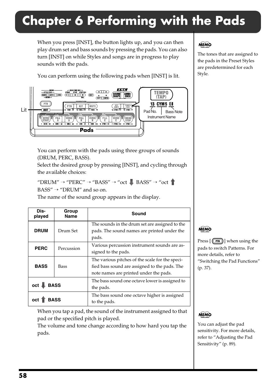 Chapter 6 performing with the pads, Kit (p. 58) currently being played, Perc 1 – perc 13 in the kit (p. 58) | Roland DR-3 User Manual | Page 58 / 128
